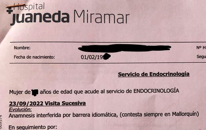 Die Regierung verweist auf einen Arzt, der in der Krankengeschichte eines Patienten die „Sprachbarriere“ widerspiegelte: „Immer auf Mallorquinisch antworten“